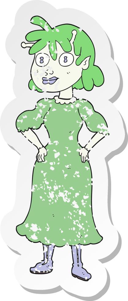 retro distressed sticker of a cartoon alien woman vector