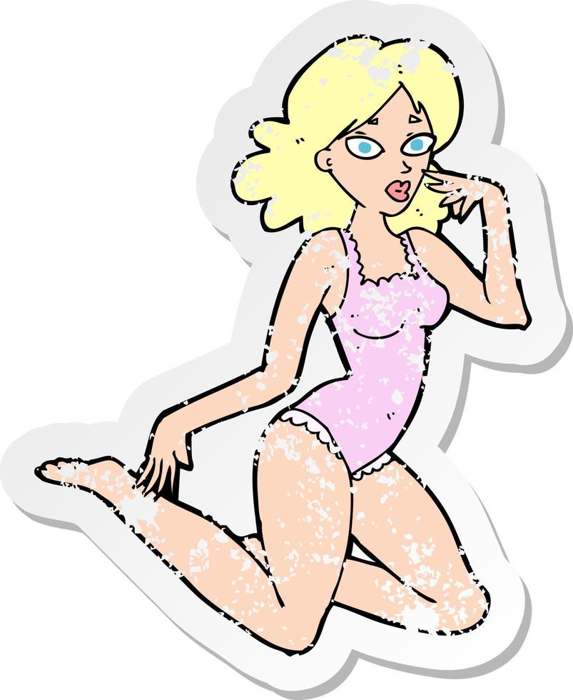 retro distressed sticker of a cartoon woman in lingerie vector