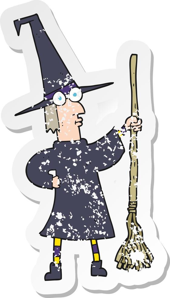 retro distressed sticker of a cartoon witch with broom vector