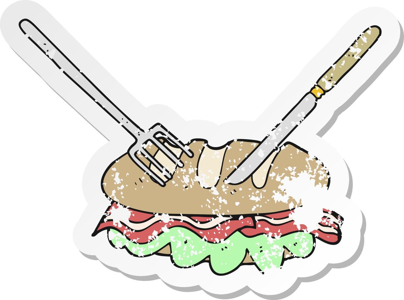 retro distressed sticker of a cartoon knife and fork cutting huge sandwich vector