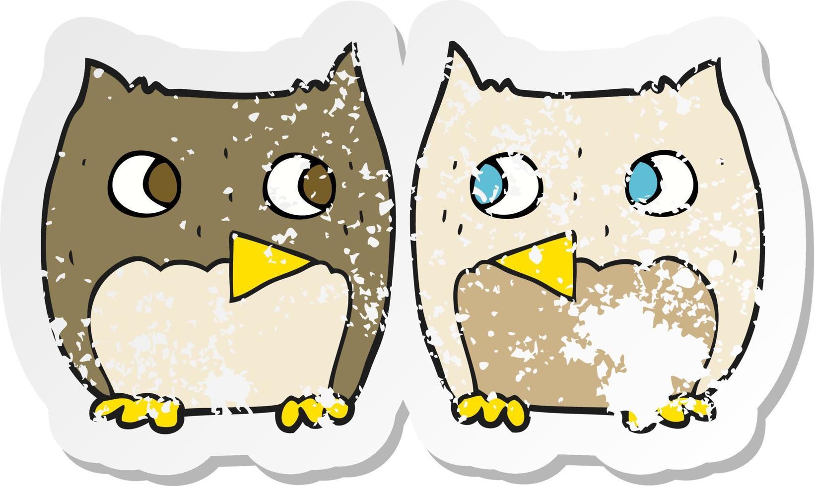 retro distressed sticker of a cute cartoon owls vector