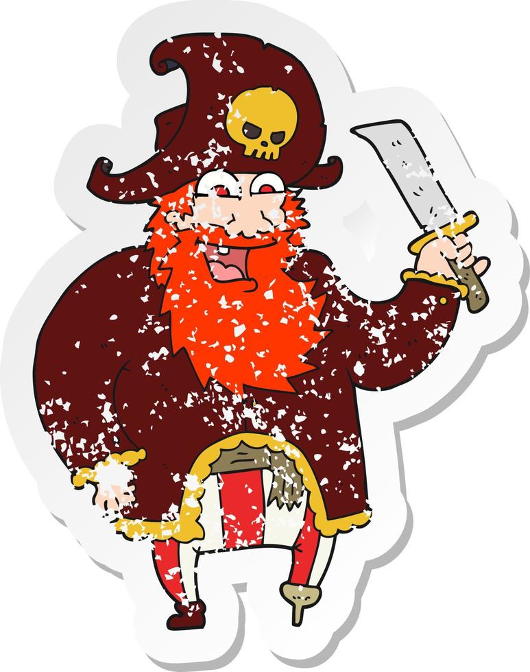 retro distressed sticker of a cartoon pirate captain vector