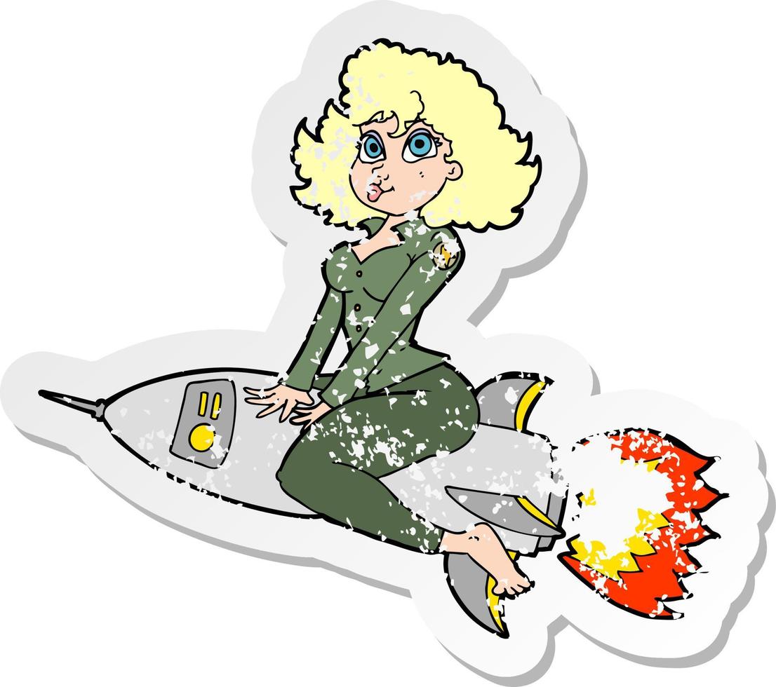 pegatina retro angustiada de una chica pin up del ejército de dibujos animados montando misiles vector