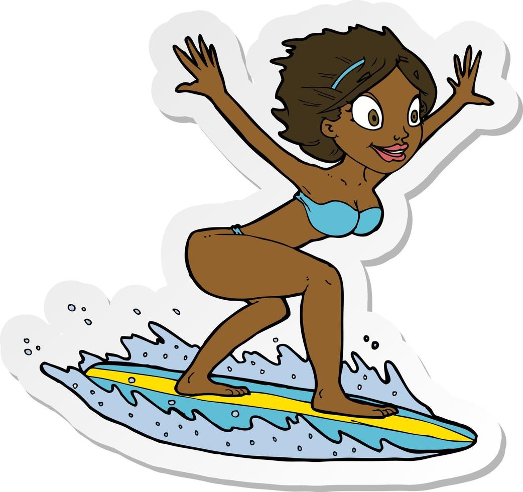 sticker of a cartoon surfer girl vector