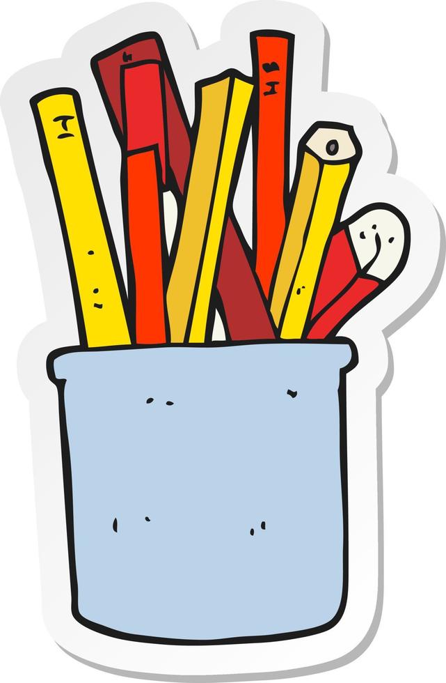 sticker of a cartoon desk pot of pencils and pens vector