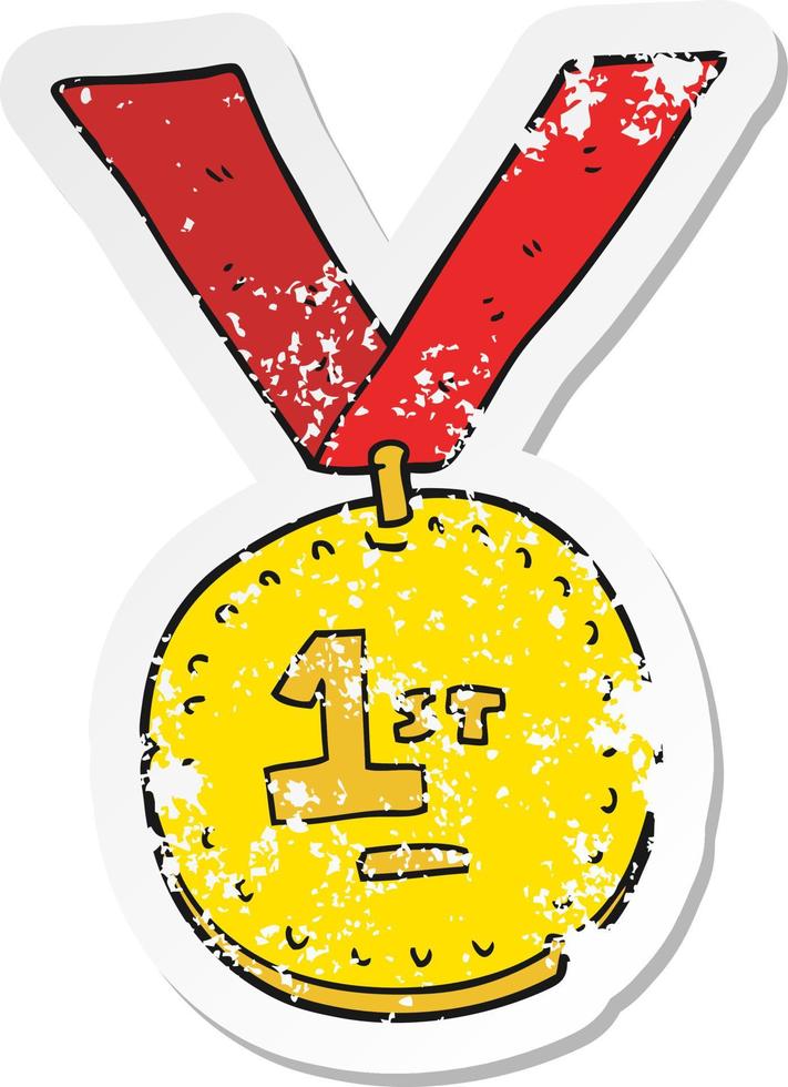 retro distressed sticker of a cartoon first place medal vector