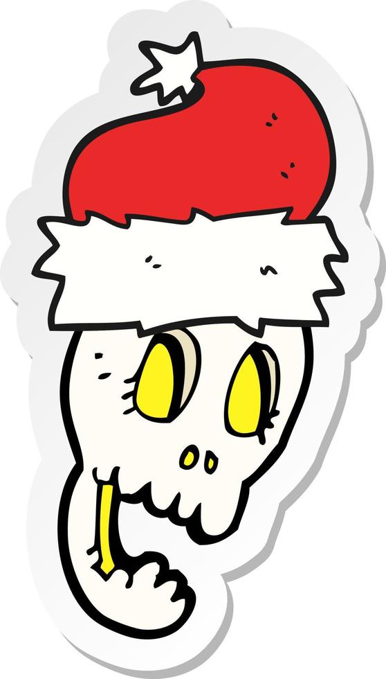 sticker of a cartoon christmas hat on skull vector