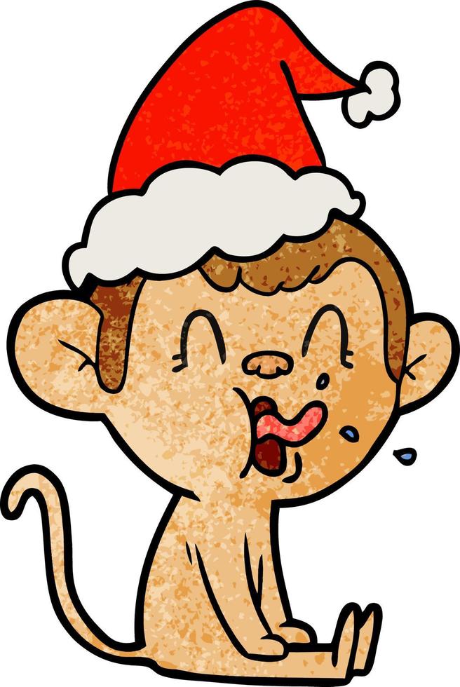 crazy textured cartoon of a monkey sitting wearing santa hat vector