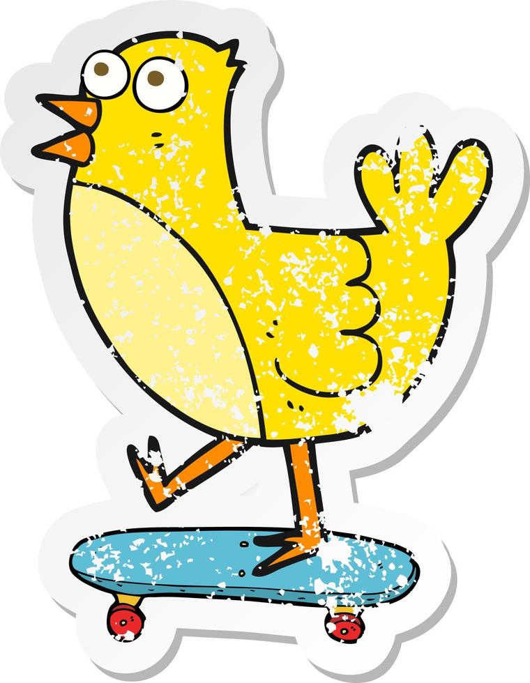 retro distressed sticker of a cartoon bird on skateboard vector