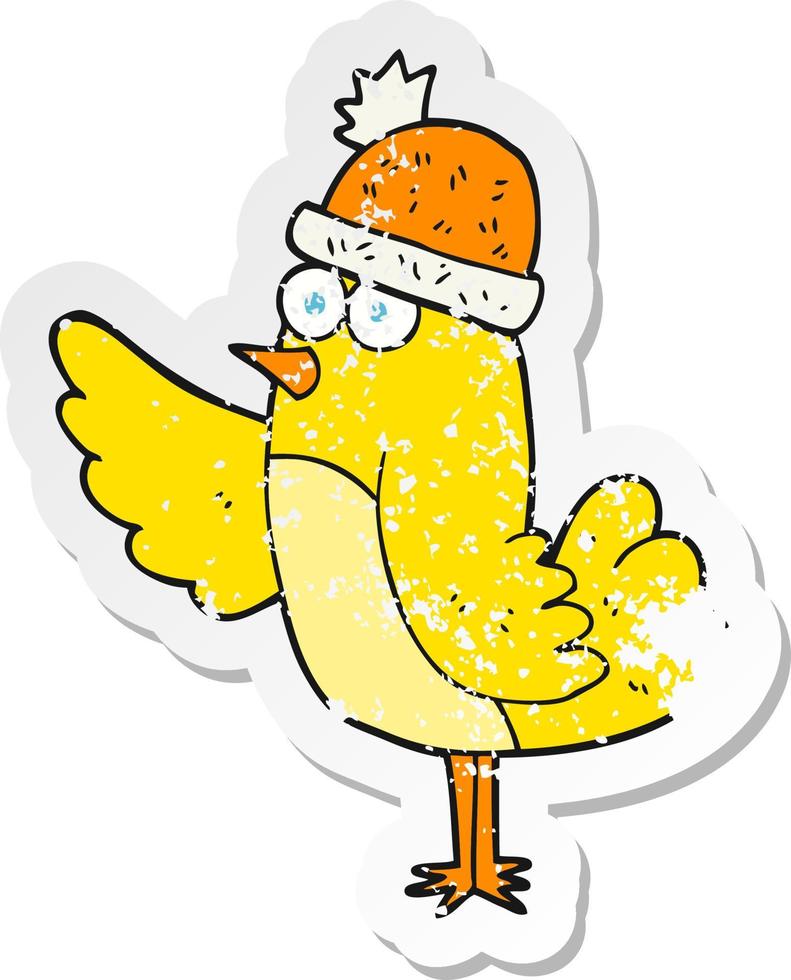 retro distressed sticker of a cartoon bird wearing hat vector