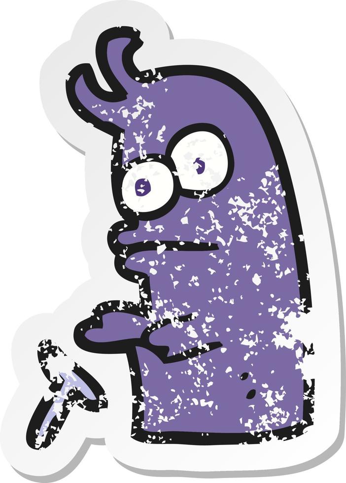 retro distressed sticker of a cartoon little alien vector
