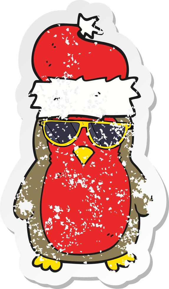 pegatina retro angustiada de un robin de navidad fresco de dibujos animados vector