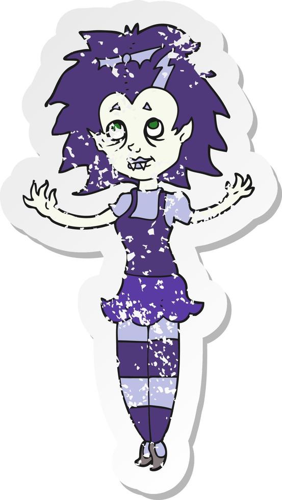 retro distressed sticker of a cartoon vampire girl vector