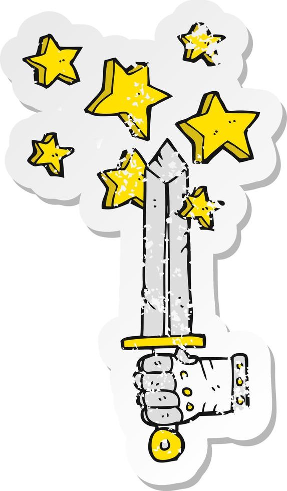 retro distressed sticker of a cartoon hand holding magic sword vector
