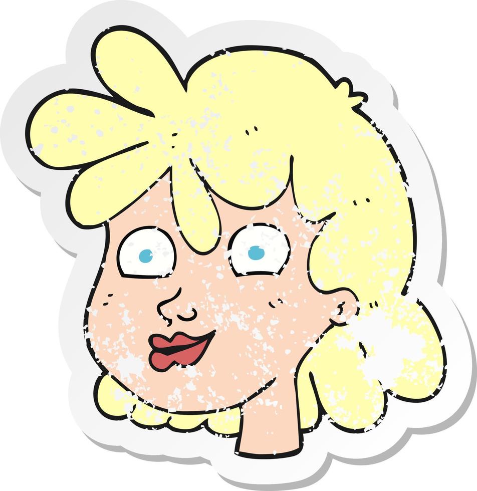 pegatina retro angustiada de un rostro femenino de dibujos animados vector