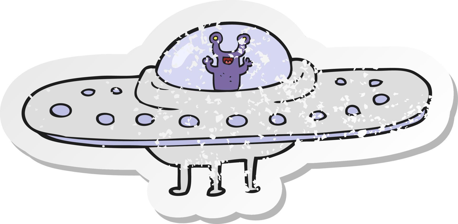 retro distressed sticker of a cartoon flying saucer vector