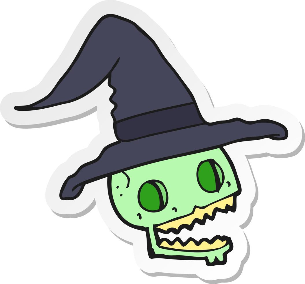 sticker of a cartoon skull wearing witch hat vector