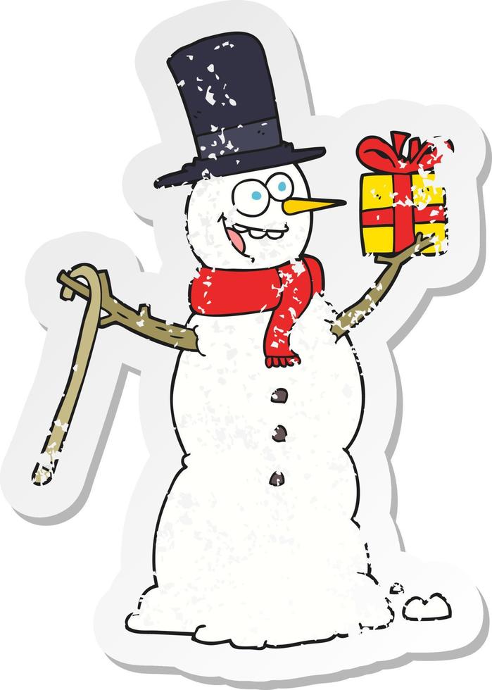retro distressed sticker of a cartoon snowman holding present vector