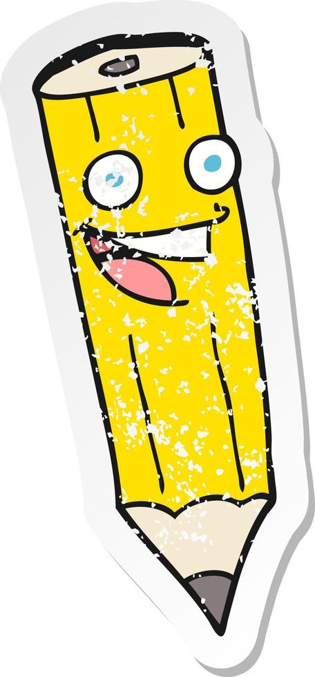 retro distressed sticker of a happy cartoon pencil vector