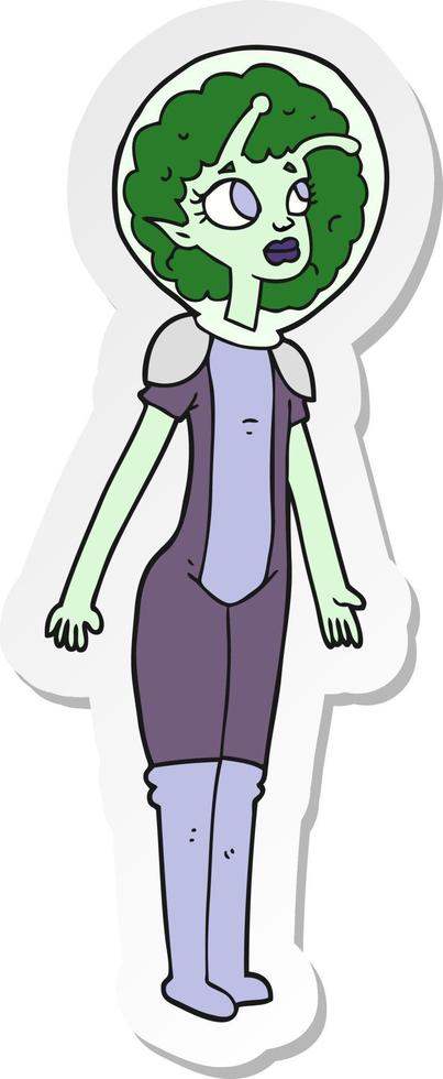 sticker of a cartoon alien space girl vector