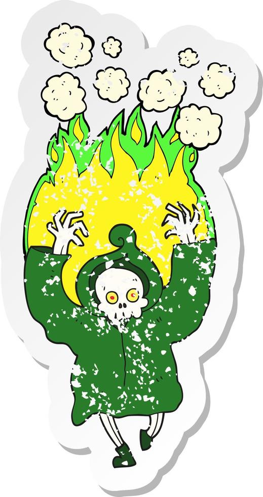 retro distressed sticker of a cartoon dancing flaming death skeleton vector