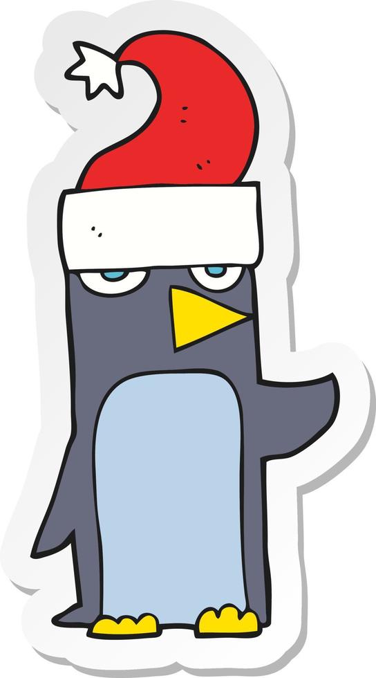 sticker of a cartoon penguin in christmas hat vector