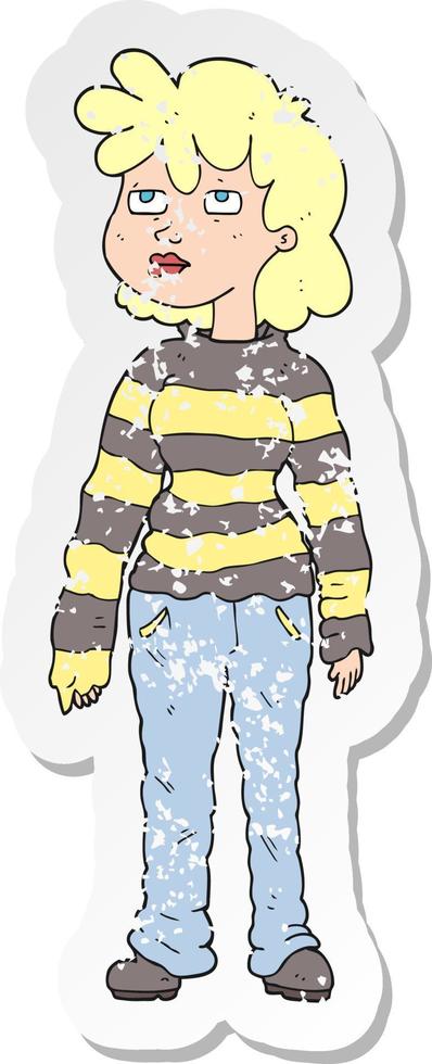 retro distressed sticker of a cartoon woman in casual clothes vector