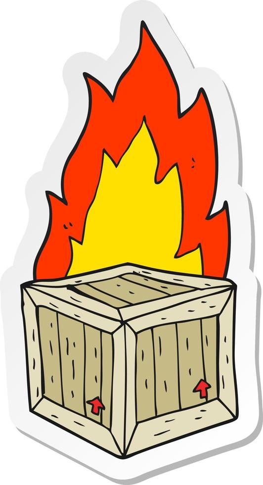 pegatina de una caja en llamas de dibujos animados vector