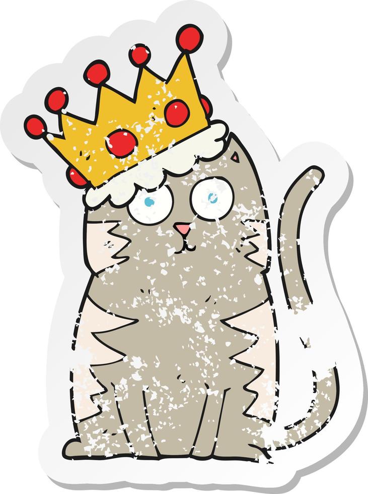 retro distressed sticker of a cartoon cat with crown vector