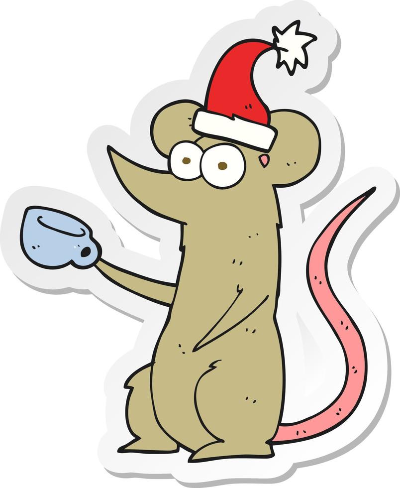 sticker of a cartoon mouse wearing christmas hat vector