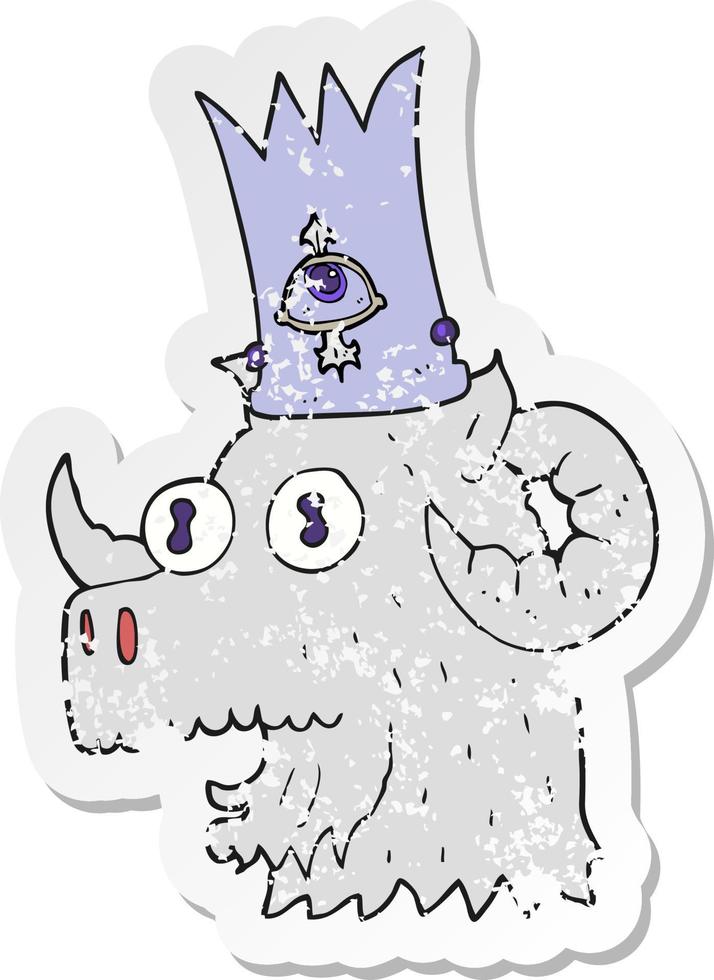 retro distressed sticker of a cartoon ram head with magical crown vector