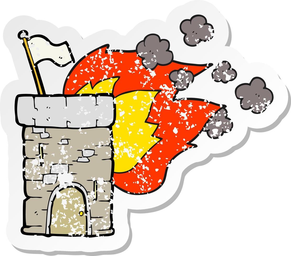 retro distressed sticker of a cartoon burning castle tower vector