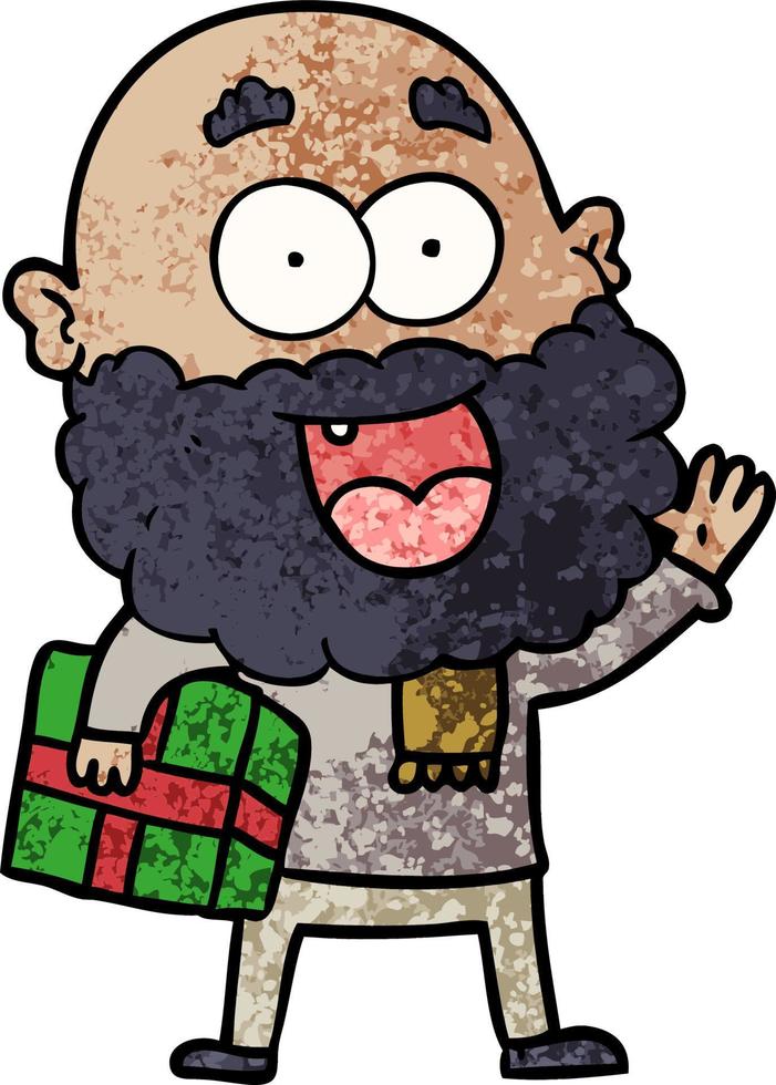 cartoon crazy happy man with beard and gift under arm vector