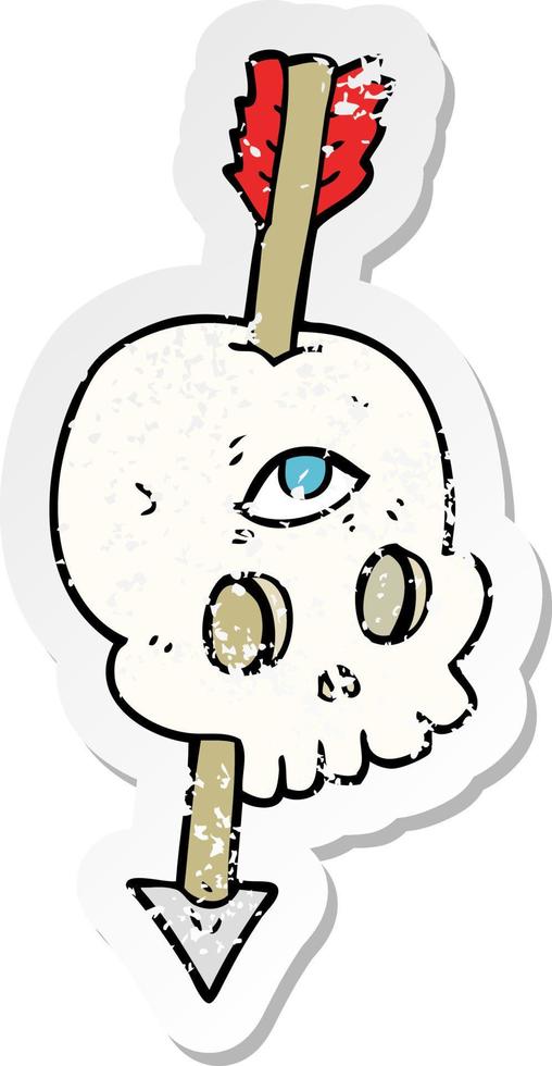 retro distressed sticker of a cartoon magic skull with arrow through brain vector