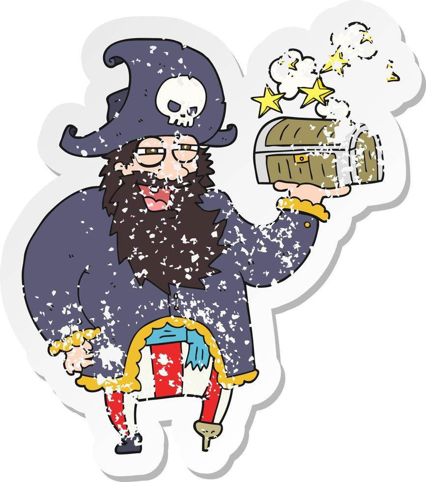 retro distressed sticker of a cartoon pirate captain with treasure chest vector