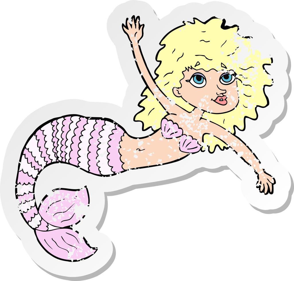 retro distressed sticker of a cartoon pretty mermaid waving vector