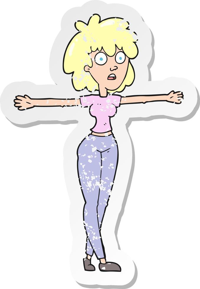 retro distressed sticker of a cartoon woman spreading arms vector