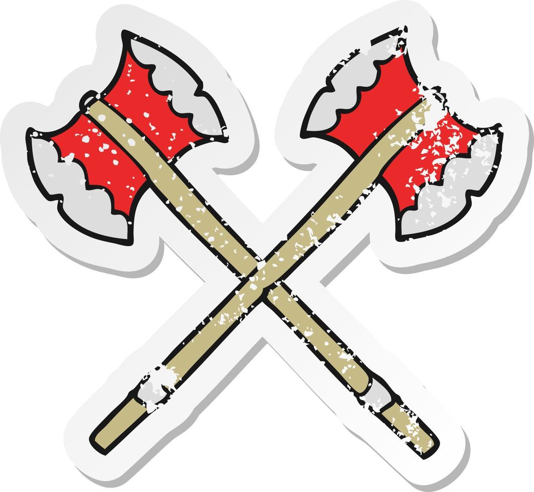 retro distressed sticker of a cartoon axes vector