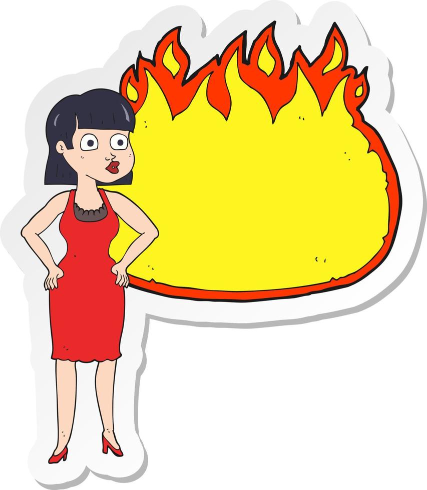 sticker of a cartoon woman in dress with hands on hips and flame banner vector