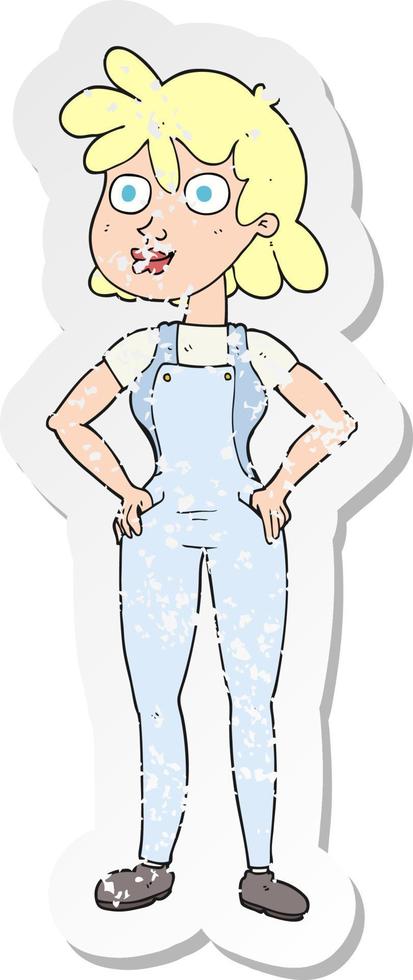 retro distressed sticker of a cartoon farmer girl vector