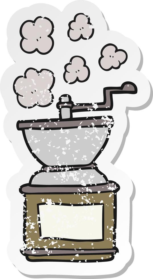 retro distressed sticker of a cartoon coffee bean grinder vector