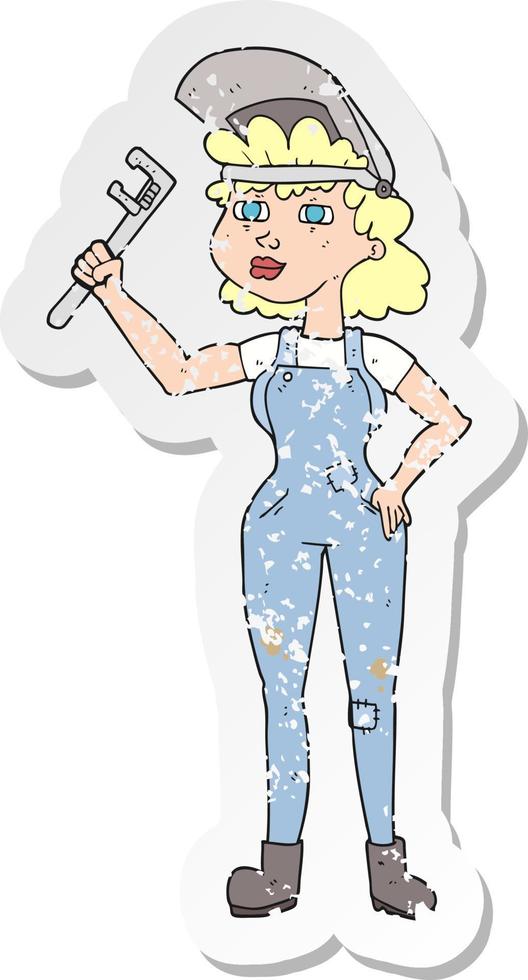 retro distressed sticker of a cartoon capable woman with wrench vector