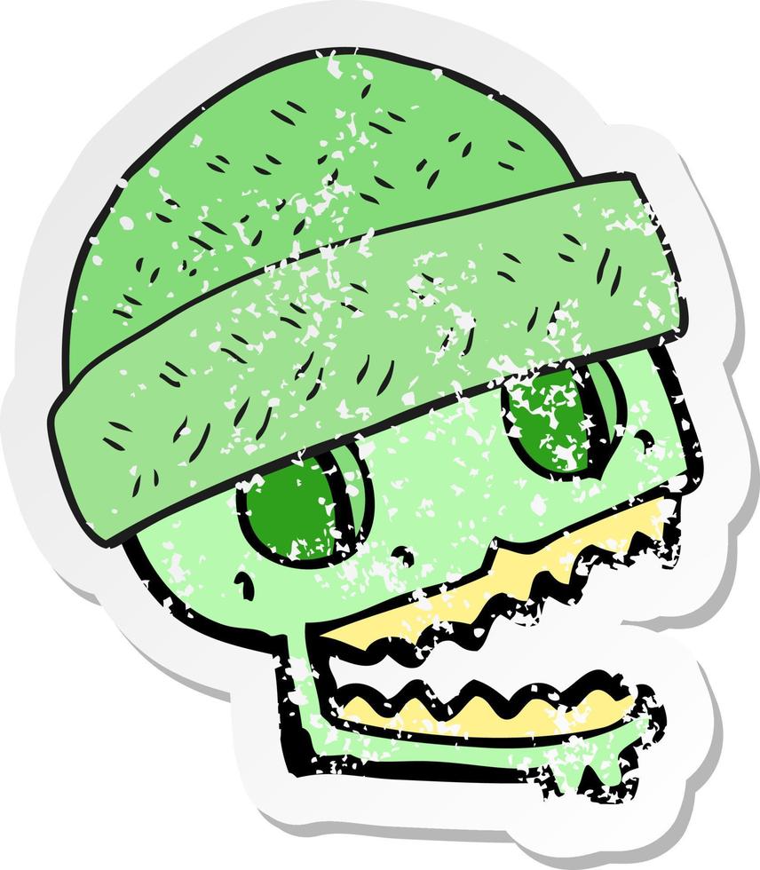 retro distressed sticker of a cartoon skull wearing hat vector