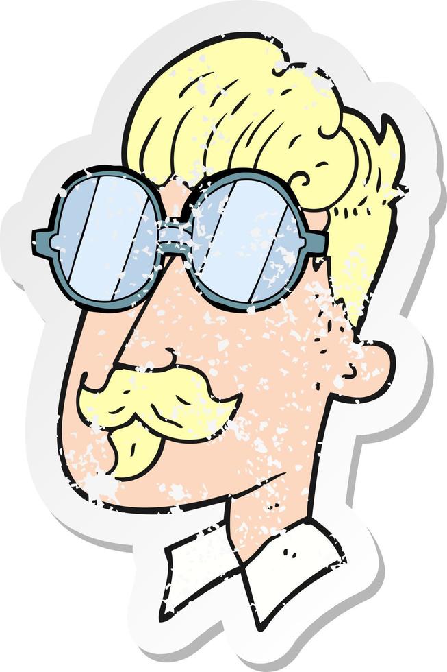retro distressed sticker of a cartoon man with mustache and spectacles vector