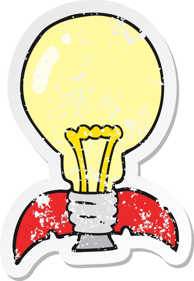 retro distressed sticker of a cartoon lightbulb rocket ship vector