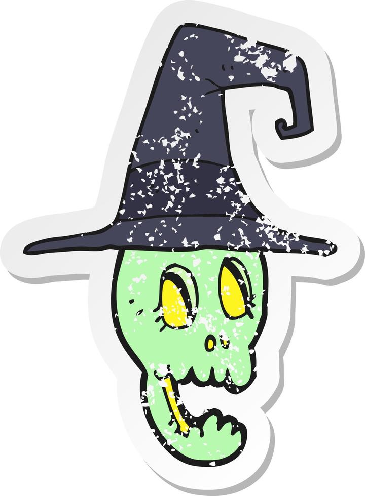 retro distressed sticker of a cartoon skull wearing witch hat vector