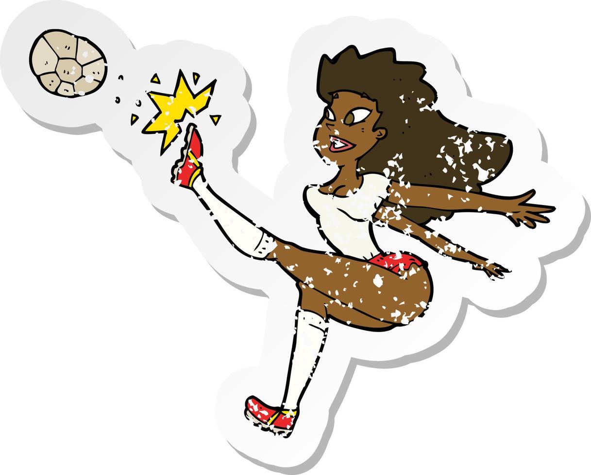 retro distressed sticker of a cartoon female soccer player kicking ball vector