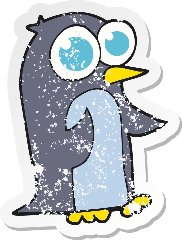 retro distressed sticker of a cartoon penguin with big eyes vector