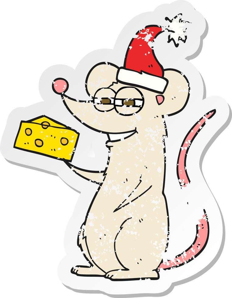 retro distressed sticker of a cartoon christmas mouse vector