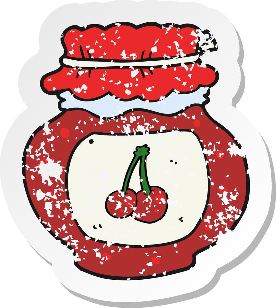 retro distressed sticker of a cartoon cherry jam vector